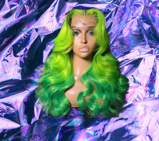 Xanthe - Light & Dark Green Ombre Wavy 100% Human Hair Lace Front Wig