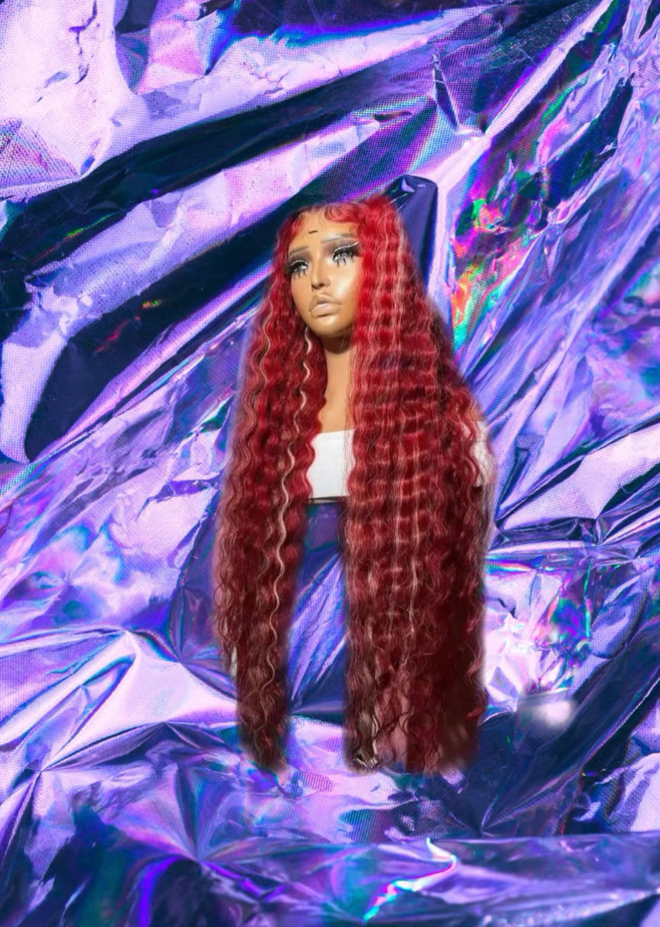 Bonnie - Red with Blonde Highlights Wavy 100% Human Hair Lace Wig