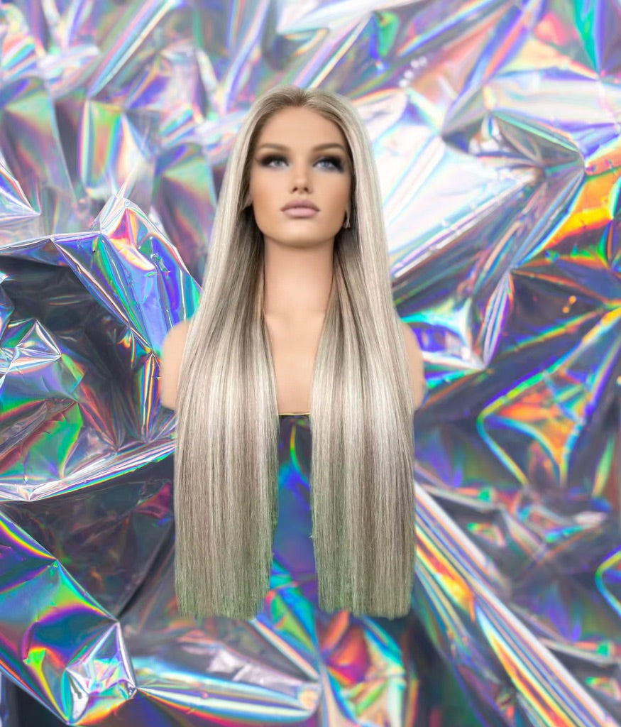 Daisy - Malibu Soft Ash Blonde Balayage Rooted Highlight Straight Premium Remy 100% Human Hair Lace Front Wig