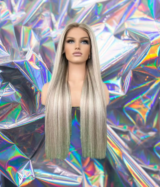 Daisy - Malibu Soft Ash Blonde Balayage Rooted Highlight Straight Premium Remy 100% Human Hair Lace Front Wig