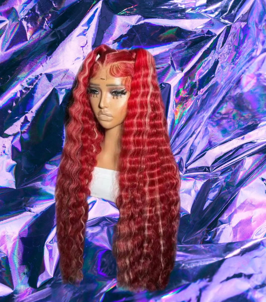 Bonnie - Red with Blonde Highlights Wavy 100% Human Hair Lace Wig