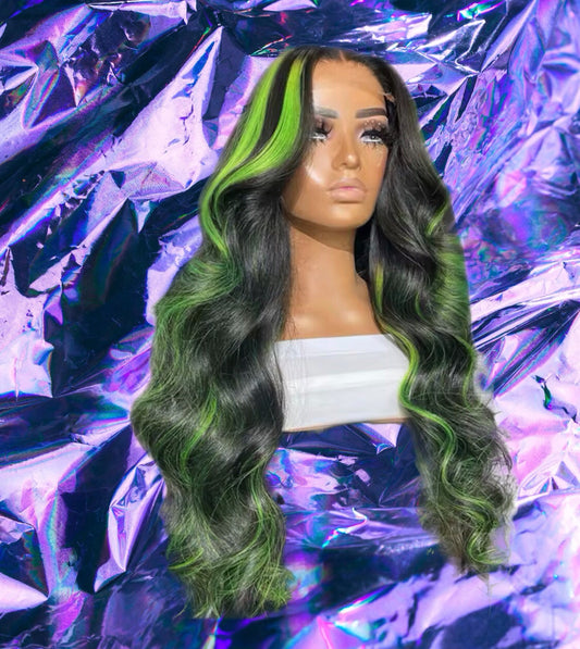 Mika - Black & Green Highlight 100% Human Hair Lace Front Wig