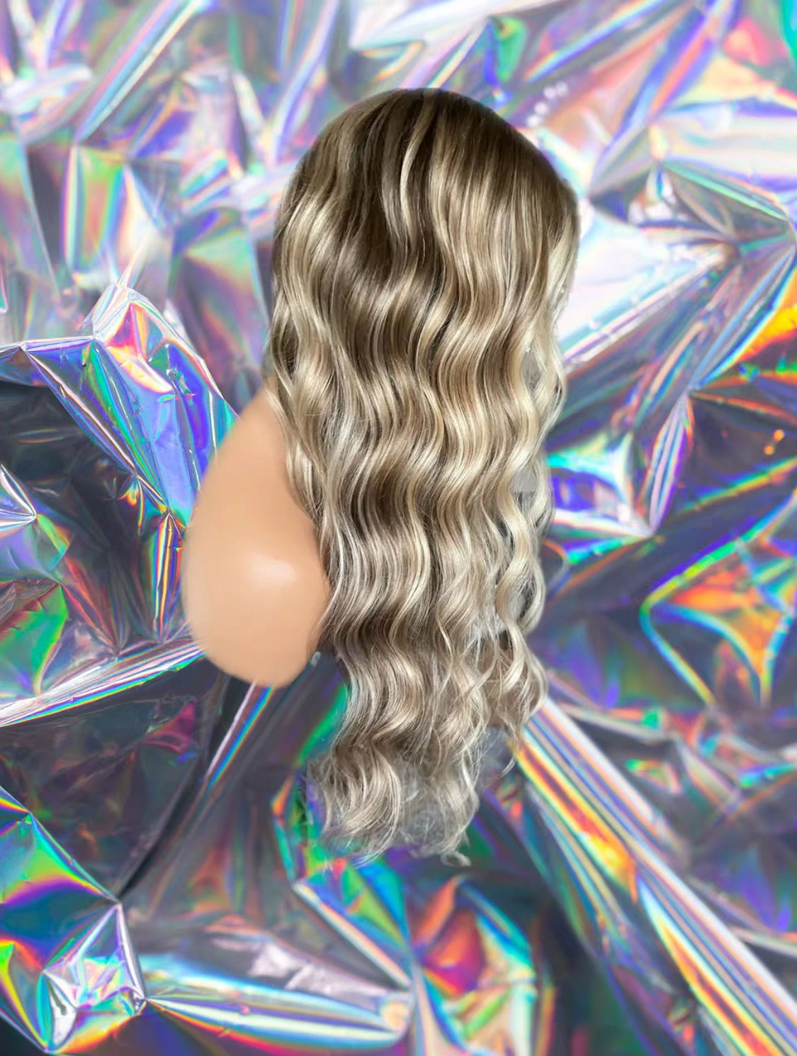 DaisyAnn - Blonde Brown Highlight Dark Roots Crinkle Wave 100% (Virgin) Human Hair Lace Front Wig 12-60 inches