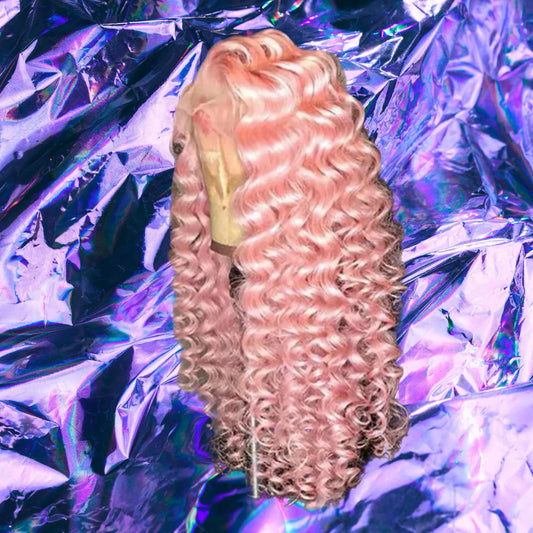 Nilia - Light Pink Loose Curly 100% Human Hair Lace Front Wig