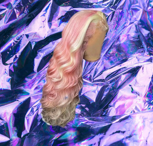 Penelope - Vanilla Blonde & Candy Floss Pink Ombré Highlight Wavy 100% Human Hair Lace Front Wig