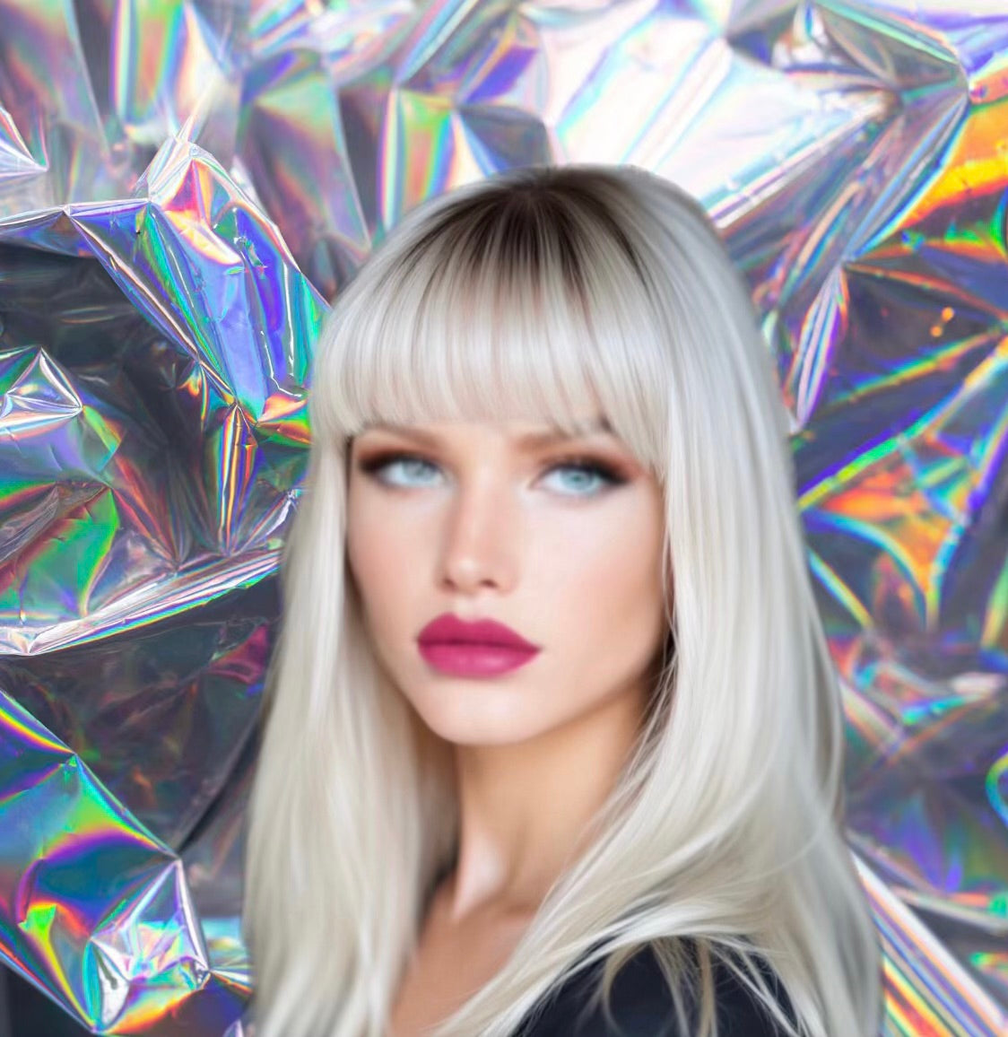 Angelica - Rooted Platinum Blonde Fringe Bang Straight Premium Remy 100% Human Hair Lace Front Wig