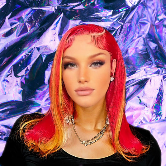 Elara - Red and Yellow Highlight Straight Premium Remy 100% Human Hair Lace Front Wig