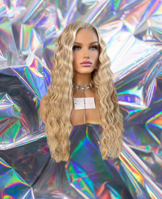 Amber - Summer Soft Blonde Highlights Curly Waves Premium Remy 100% Human Hair Lace Front Wig 12-60 inches