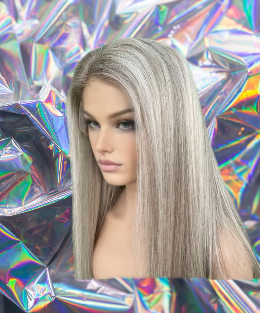 Daisy - Malibu Soft Ash Blonde Balayage Rooted Highlight Straight Premium Remy 100% Human Hair Lace Front Wig