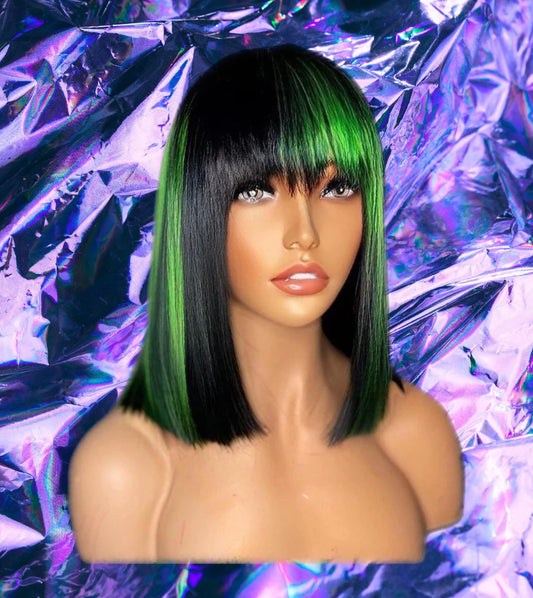 Rianna - Black with Green Highlights Bob Human Hair Wig