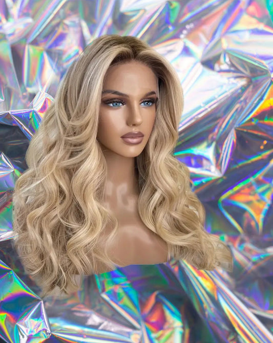 Isabella - Ash Blonde Brown Roots Wavy 100% Human Hair Lace Front Wig