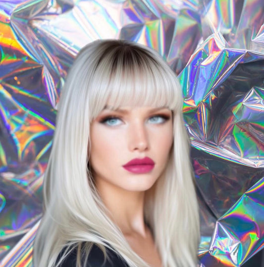 Angelica - Rooted Platinum Blonde Fringe Bang Straight Premium Remy 100% Human Hair Lace Front Wig