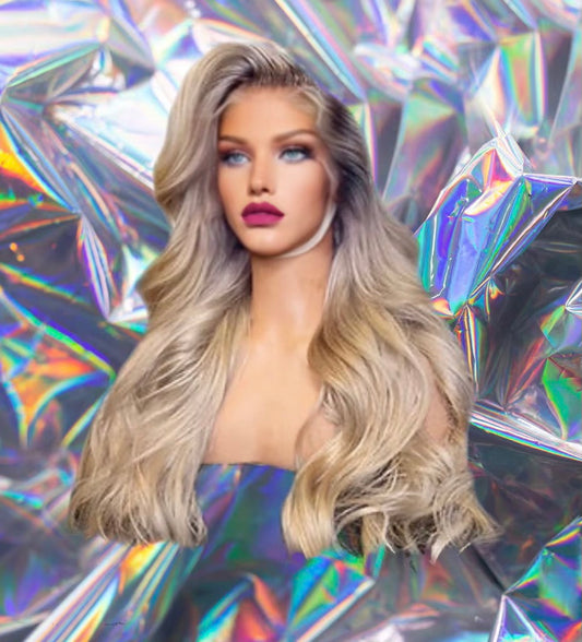 Sid - Beach Blonde Dark Brown Roots Fine Wave 100% Human Hair Lace Front Wig