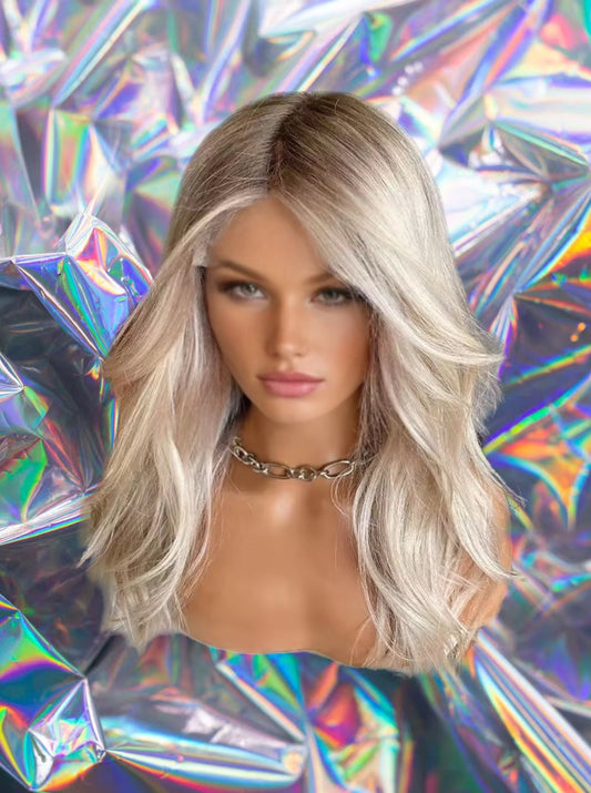 Mia - Malibu Soft Blonde Rooted Ombré Waves Premium Remy 100% Human Hair Lace Front Wig