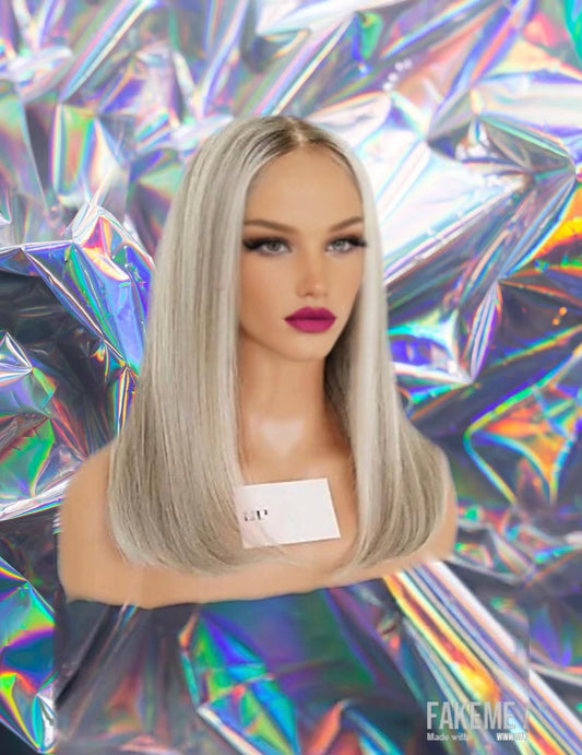 Lidia - Ash Gray Blonde Highlights Straight 100% Human Hair Lace Front Wig