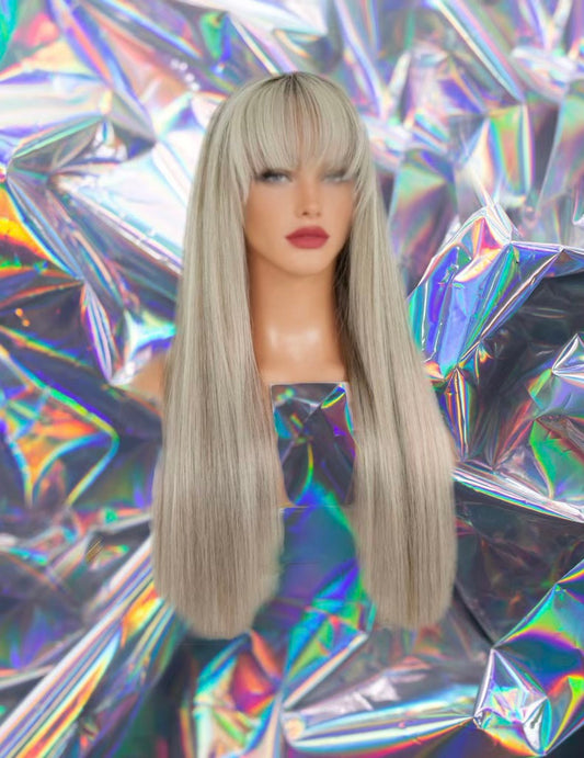 Lidiann - Ash Gray Blonde Fringe Bang Highlights Straight 100% Human Hair Lace Front Wig