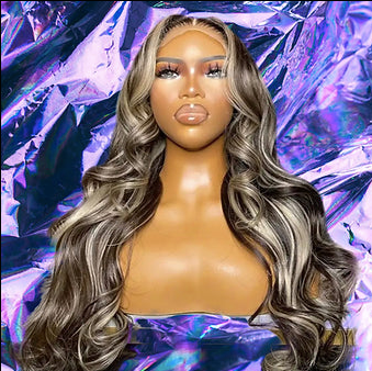 Alana - Black & Ash Brown Highlight Wavy 100% Remy Human Hair HD Lace Front Wig