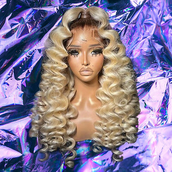 Zafia - Rooted Blonde Loose Curls 100% Human Hair Lace Front Wig