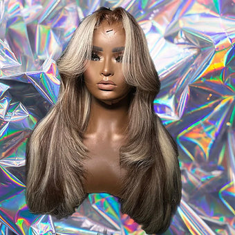 Lia - Ash Brown & Blonde Highlight Wavy 100% Human Hair Lace Front Wig