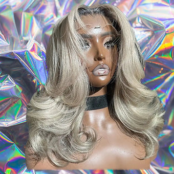 Athena - Light Blonde Black Roots Layered Wave 100% Human Hair Lace Front Wig