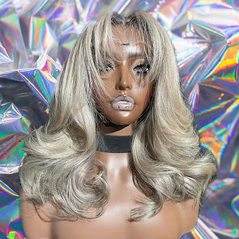 Athena - Light Blonde Black Roots Layered Wave 100% Human Hair Lace Front Wig