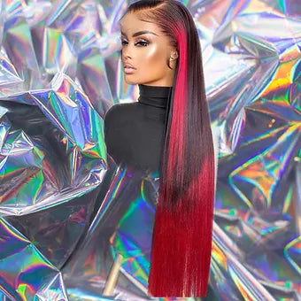 Alexy - Black & Red Ombré Highlight Straight Human Hair Wig