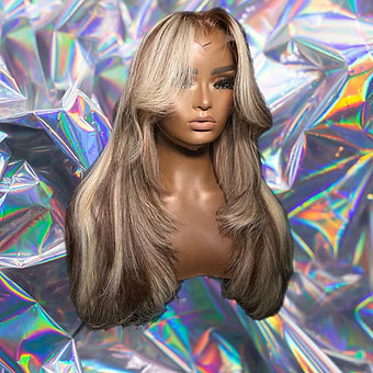 Lia - Ash Brown & Blonde Highlight Wavy 100% Human Hair Lace Front Wig