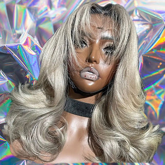 Athena - Light Blonde Black Roots Layered Wave 100% Human Hair Lace Front Wig