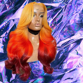 Chen - Orange Three Tone Ombre Wavy 100% Human Hair Lace Front Wig