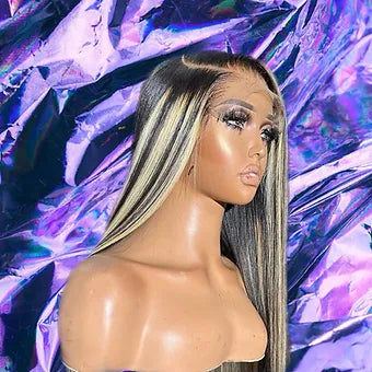 Nella - Black & Blonde Highlights Straight 100% Human Hair Lace Front Wig