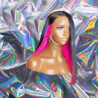 Ebony - Black & Pink Straight 100% Human Hair Lace Front Wig