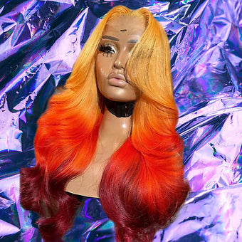 Chen - Orange Three Tone Ombre Wavy 100% Human Hair Lace Front Wig