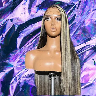 Nella - Black & Blonde Highlights Straight 100% Human Hair Lace Front Wig